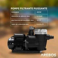 AREBOS Système De Filtre à Sable Avec Pompe | Noir | 400W | 10.200 L/h | Capacité Du Réservoir Jusqu'à 20 Kg De Sable | Vanne à 4 Voies Avec Poignée | Avec Manomètre - Noir -Pompe et filtre de piscine Soldes 31543797 5