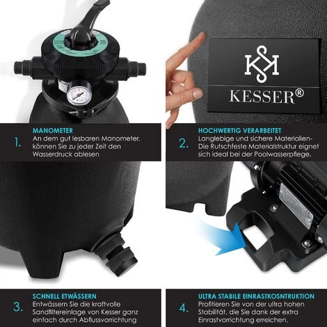 KESSER® Système De Filtre à Sable + 700 G De Billes Filtrantes Remplacent 25 Kg Filtre à Sable Vanne 7 Voies Avec Indicateur De Pression Filtre De Piscine 10 M³/h Système De Filtre Cuve De Filtre Pour Piscine Piscine 10200L/h, Le Noir 5 KESSER® Système De Filtre à Sable + 700 G De Billes Filtrantes Remplacent 25 Kg Filtre à Sable Vanne 7 Voies Avec Indicateur De Pression Filtre De Piscine 10 M³/h Système De Filtre Cuve De Filtre Pour Piscine Piscine 10200L/h, Le Noir – Image 5