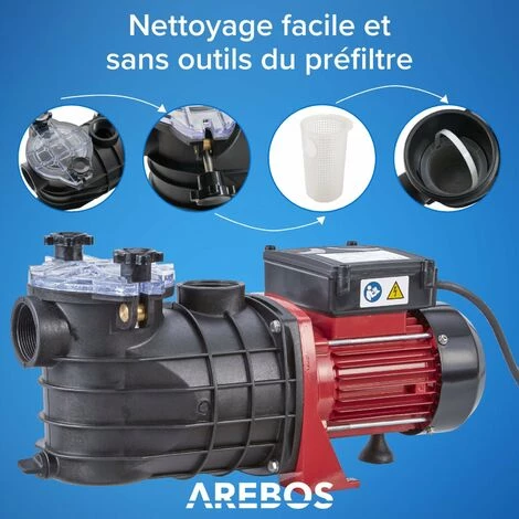 AREBOS Pompe De Filtration Pour Piscine 11.000l/h | Filtre à Sable | 600W | Fonctionnement Silencieux | Sans Entretien - Noir / Rouge 4 AREBOS Pompe De Filtration Pour Piscine 11.000l/h | Filtre à Sable | 600W | Fonctionnement Silencieux | Sans Entretien - Noir / Rouge – Image 4